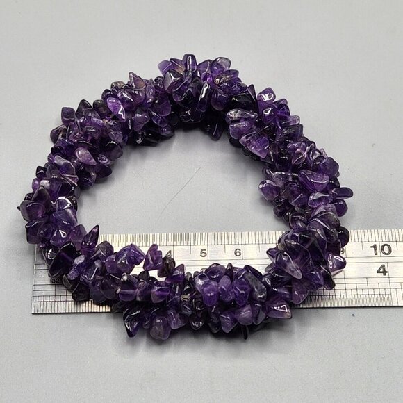 Amethyst Chip Bracelet Pair One Size Stretchy Purple Semi-Precious Stone Chunky - Picture 6 of 8